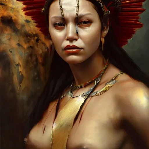 Prompt: the portrait of jenny the vixen ryan as an amazon warrior queen by roberto ferri, fantasy, witcher, very detailed oil painting, masterpiece, 8 k, full face