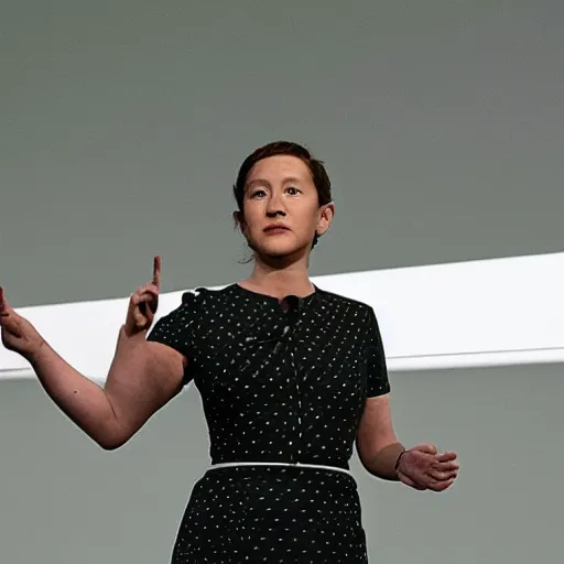 Image similar to photograph of a female mark zuckerberg giving a keynote speech on apple park