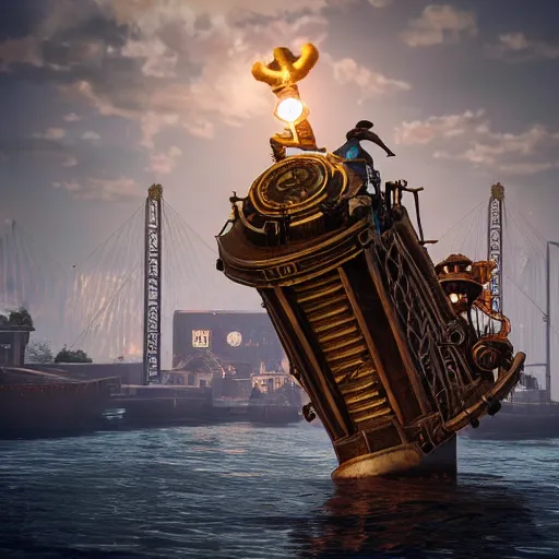 Image similar to a flying steampunk, steamboat from the 1 9 0 0 s with african mask on the front carrying black people across the mississippi river, bioshock infinite, detailed, behrens style, unreal 5 render, fantasy digital art, octane render, beautiful composition, trending on artstation