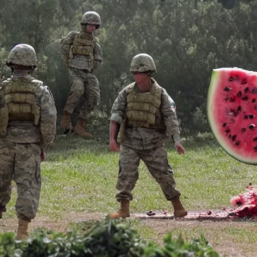 Image similar to The military was called in to try to stop the giant watermelon, but their weapons had no effect on it. The watermelon just kept coming, smashing everything in its path. , Film scene