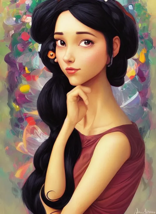 Prompt: beautiful woman with long black hair, tan skin, hourglass figure, round cute face wearing a colorful disney princess gown with mickey mouse ears headband sitting in an armchair. beautiful painting by lois van baarle and artgerm and bouguereau