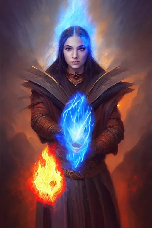 Image similar to Front portrait of mage hold a blue fire on right hand and red fire on the left hand, full body, fine art, awesome fantasy book cover on Pinterest, award winning, dark fantasy landscape, fantasy magic, intricate, elegant, sharp focus, cinematic lighting, highly detailed, digital painting, concept art, art by WLOP and Artgerm and Greg Rutkowski, masterpiece, trending on artstation, 8K