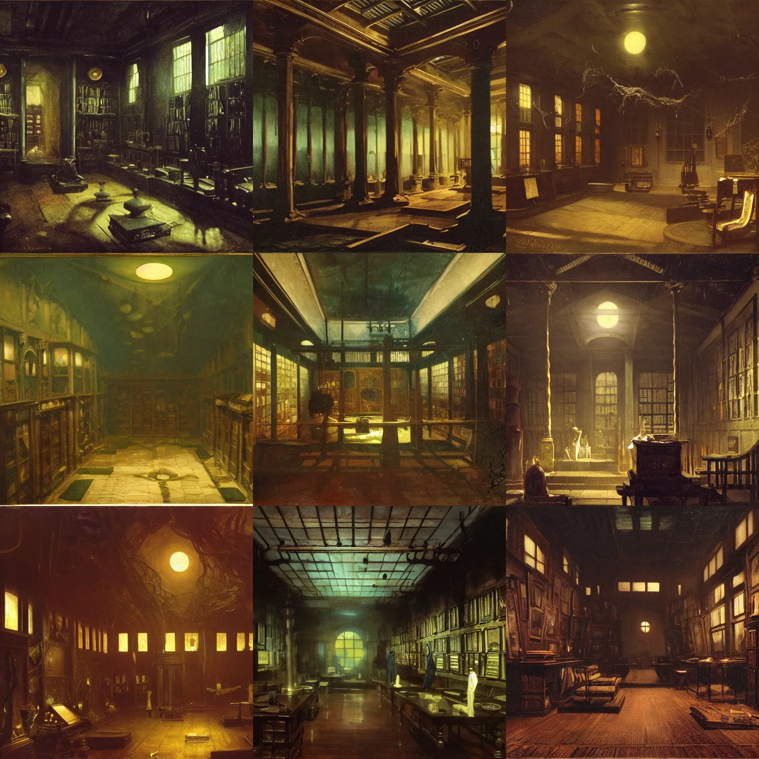 Prompt: interior of a miskatonic museum at night in arkham horror of lovecraft in 1920 by Albert Bierstadt, Herbert James Draper, Arnold Bocklin, Caspar David Friedrich, Sir Lawrence, Alma-Tadema , Karl Heilmayer, JMW Turner 4k post-processing highly detailed matte painting