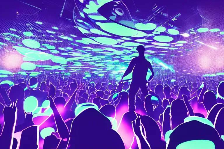 Prompt: beautiful digital art of a dj on stage spinning records with headphones looking over crowd dancing at a club by moebius, silhouette, volumetric lighting, haze, moving heads light beams, spot lights, disco ball, trending on artstation, 4k, unreal engine, intricate, ornate
