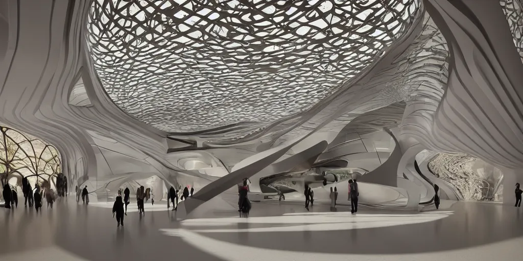 Image similar to extremely detailed ornate stunning beautiful elegant futuristic museum lobby interior by Zaha Hadid