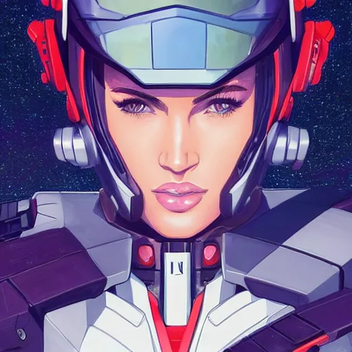 Image similar to portrait of beautiful megan fox gundam pilot, with an intricate, detailed, urban inspired hiphop afro futuristic helmet, vector behance hd jesper ejsing, rhads, makoto shinkai, lois van baarle, ilya kuvshinov, rossdraws, hd, 3 2 k, ilya kuvshinov, gustav klimt