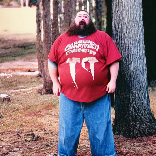 Image similar to obese redneck man with long beard wearing dirty and tattered harvard shirt, kodak gold 2 0 0,