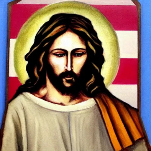Prompt: realistic old painting of jesus christ with pride flag