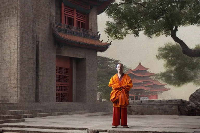 Image similar to A monkey!!! dressed as a shaolin monk, standing in front of an ancient chinese palace, cinematic lighting, artstation, greg rutkowski