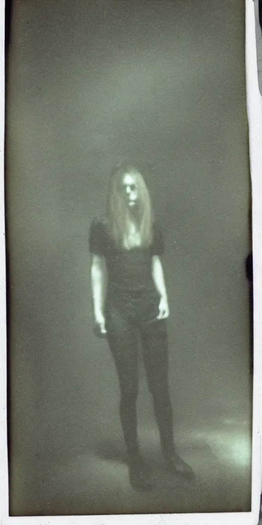 Image similar to found polaroid photo of a horrifying humanlike cryptid in a dark moist basement