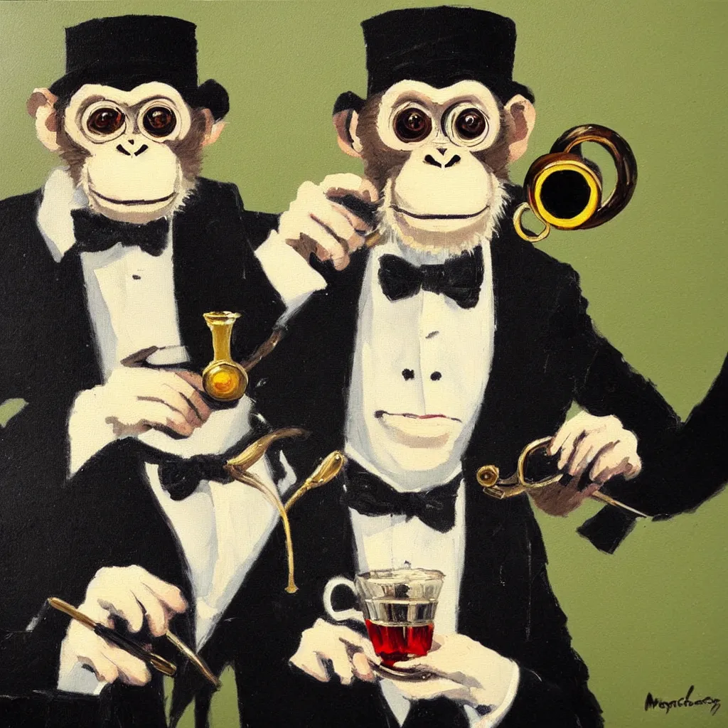 Prompt: a monkey wearing a monocle and a top hat drinking tea, brush strokes, oil painting, masterpiece