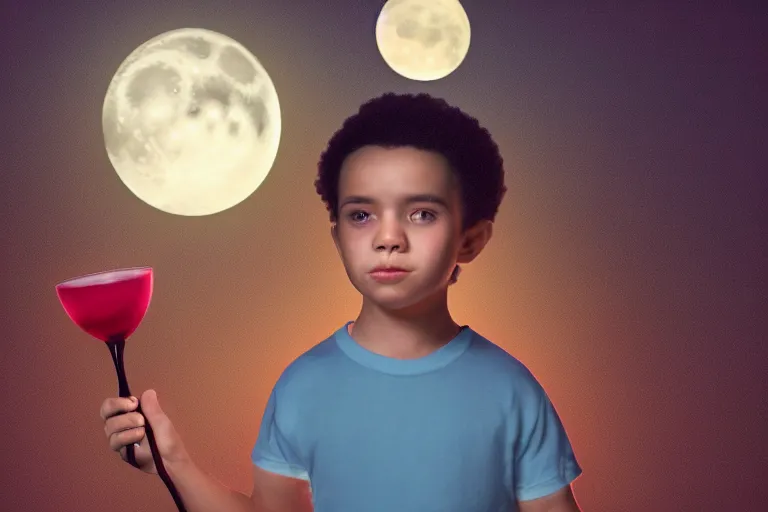 Prompt: portrait of a little boy holding lava lamp, photorealistic face and skin tones, dreamy moonlit nightscape by the garden, lake house, smooth, matte colors, trending on artstation, 4 k, 8 k