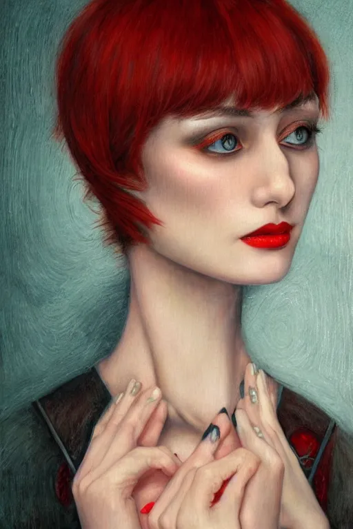 Prompt: Beautiful oil painting of Alice Cullen by Chie Yoshii, portrait, nature, symmetrical face, dramatic lighting, pale, red lips, short black hair, sharp focus, smooth