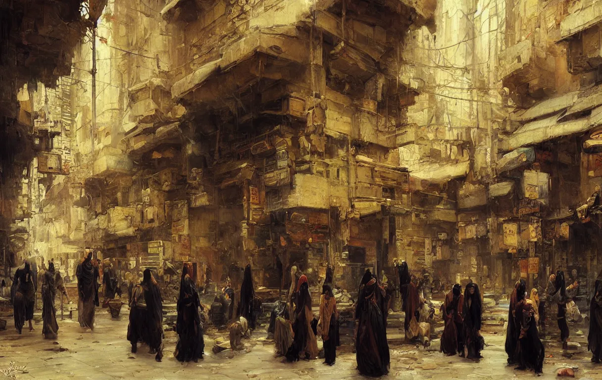 Image similar to an underground black market in a fantasy Cairo city, oil painting by Charles bargue and Jean lean Gerome, orientalism, trending on artstation