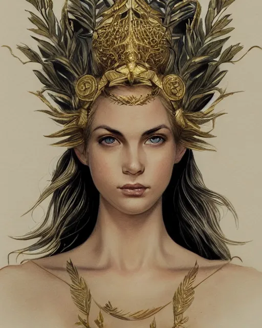 Image similar to front view of beautiful aphrodite greek goddess wearing a gold laurel wreath and triangle earrings, realism tattoo sketch, beautiful piercing eyes with sharp pupils, beautiful blonde hair, in the style of greg rutkowski, fantasy, amazing detail, epic, elegant, smooth, sharp focus