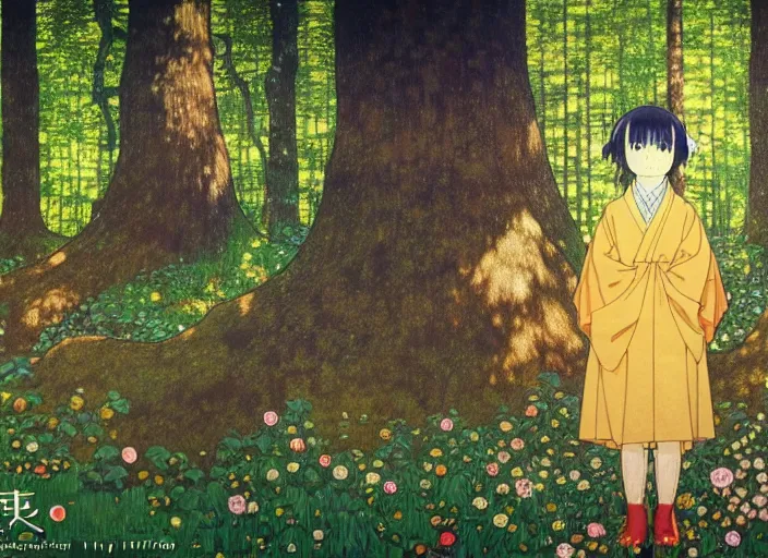 Prompt: portrait in the forest,Katsuhiro Otomo, Katsura Masakazu,Hiroyuki Imaishi,Studio Trigger,gustav klimt, kawaii, manga,beautiful, 28mm lens,anime,gradation,loish,vibrant, rule of thirds fibonacci, Ilya Kuvshinov, Kyoto Animation,Mucha,Murata Range, fine detail