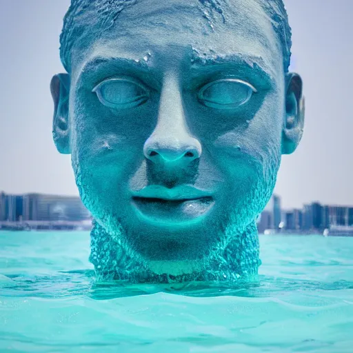 Image similar to a giant water sculpture of a human head, on the ocean water, cinematic, in the style of johnson tsang, long shot, hyper detailed, hyper realistic, ray tracing, 8 k resolution, sharp focus, realistic water, award winning