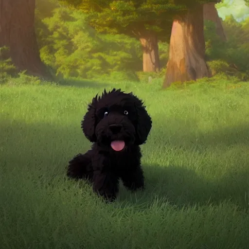 Image similar to a wholesome animation key shot of a black bernedoodle puppy, studio ghibli, pixar and disney painting, sharp, rendered in unreal engine 5, key art by greg rutkowski, bloom, dramatic lighting