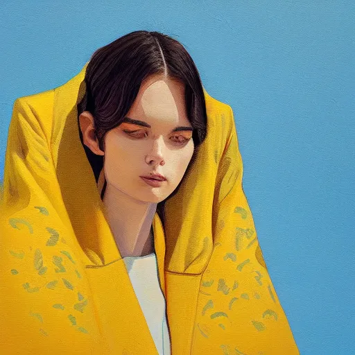 Prompt: head to shoulder portrait painting of an elegant top model wearing a yellow kimono with a very detailed barn owl on her shoulder by Simon Stålenhag