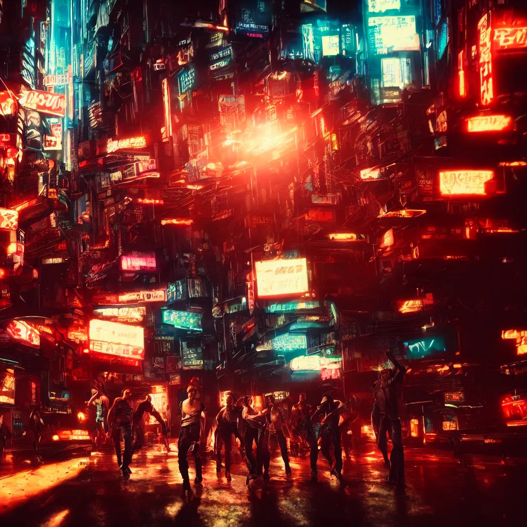 Image similar to epic highly detailed photo of gangs fight in cyberpunk night adult club, 3 5 mm, guns blasting, low angle, blade runner, akira, cinematic angle, cinematic lighting, reflections, action, battle