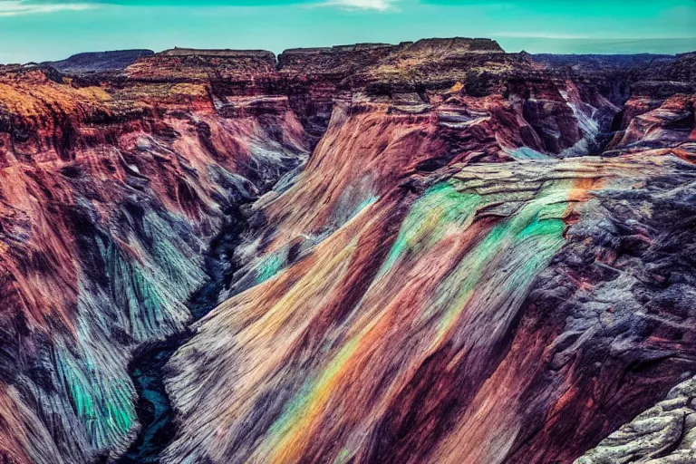 Prompt: photo from the edge of a huge canyon on an alien world, bizarre and beautiful geographical features, stunning iridescent clouds, ferrofluid oceans, professional nature photography