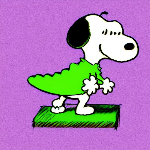 Prompt: A picture of Snoopy dressed as Barney the Dinosaur, 4k, concept art, digital painting, detailed, artstation, by Charles Schulz and Jack Kirby