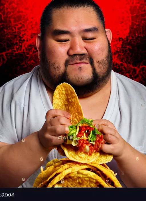 Prompt: sumo wrestler eating crispy tacos, holding hot sauce, portrait, photo realism, bokeh background, neon lights, city background, high definition, slr