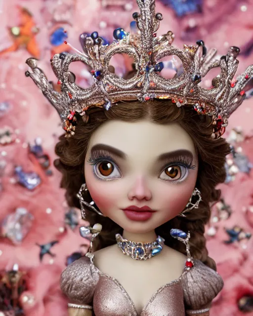 Image similar to highly detailed closeup, face profile portrait of a tin toy fairytale princess wearing a crown and sitting on a throne, bikini, depth of field, fashion photoshoot by nicoletta ceccoli, mark ryden, lostfish, dan decarlo, bob clampett, max fleischer, breathtaking, detailed and intricate environment, 8 k resolution, hyperrealistic, octane render