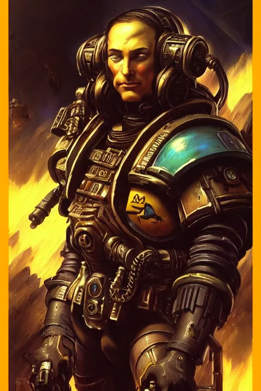 Image similar to character portrait cyberpunk starcraft terran warhammer 4 0 k space marine commmissar ( ( ( ( ( ( ( ( totally definitely not negative no not mona lisa inspired ) ) ) ) ) ) ), character design, painting by gaston bussiere, katsuya terada, frank frazetta, tom of finland, trending on artstation