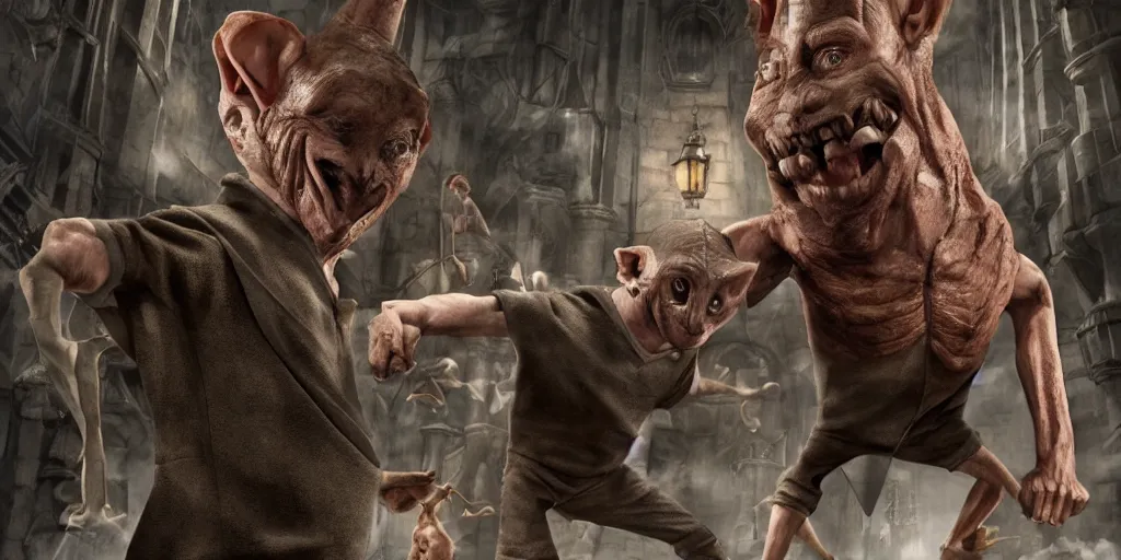 Image similar to harry potter illustration of extremely muscular Dobby fighting a Gnome at Gringotts, hd 4k