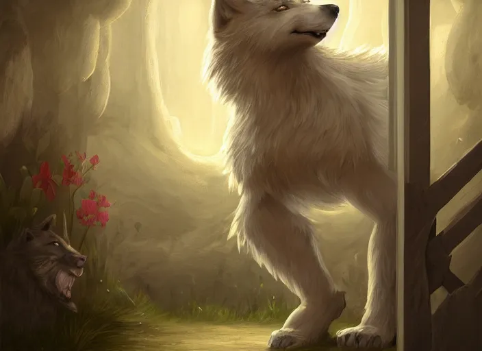 Prompt: a cartoonish cute big anthropomorphic wolf is at the door of a straw house, magical atmosphere, trending on artstation, 30mm, by Noah Bradley trending on ArtStation, deviantart, high detail, stylized portrait H 704