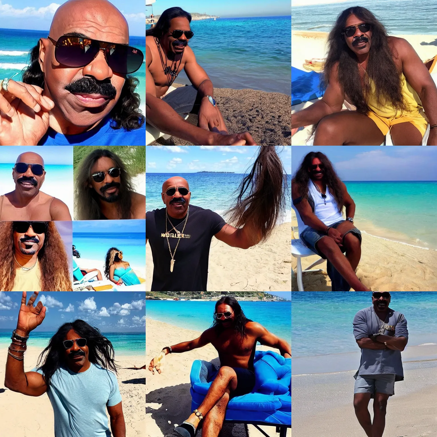 Prompt: Steve Harvey with long hair long hair long hair and sunglasses chilling chilling on the beach