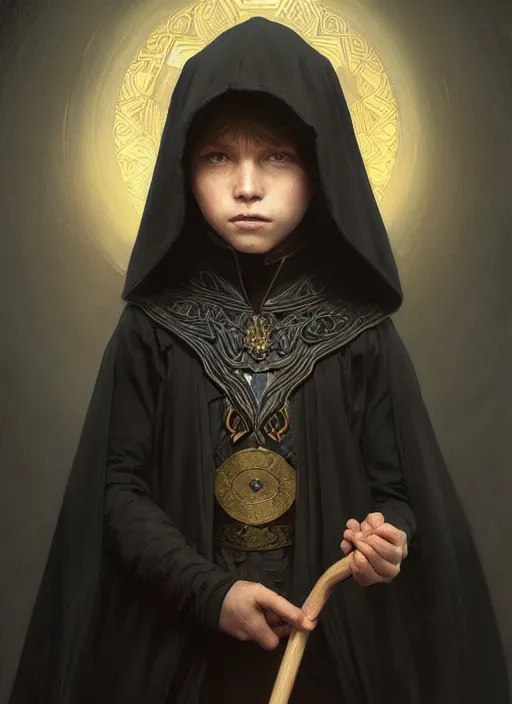 Image similar to perfectly - centered - portrait of a kid wearing black cloak holding stick, intricate, highly detailed, digital painting, artstation, concept art, smooth, sharp focus, illustration, unreal engine 5, 8 k, art by artgerm and greg rutkowski and alphonse mucha and sam spratt