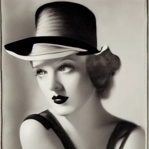 Image similar to a black and white photo of a woman wearing a hat, a character portrait by george hurrell, featured on flickr, mannerism, studio portrait, chiaroscuro, 1 9 2 0 s