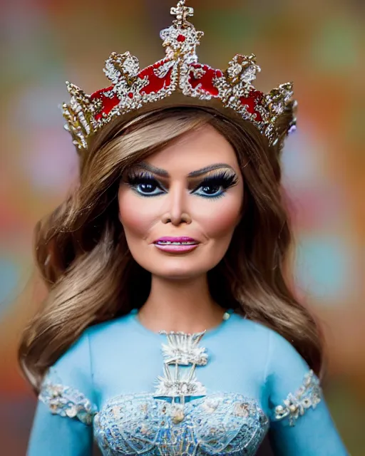 Image similar to highly detailed closeup, face profile portrait of a tin toy melania trump as a fairytale princess wearing a crown and eating cakes, bikini, depth of field, nicoletta ceccoli, mark ryden, lostfish, dan decarlo, bob clampett, max fleischer, breathtaking, detailed and intricate environment, 8 k resolution, hyperrealistic, octane render