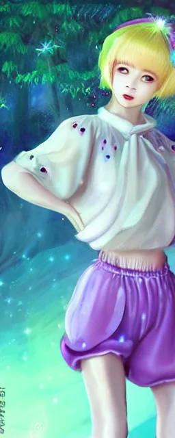 Image similar to Full View of a mysterious kpop fairy maidens with short blond hair wearing an oversized purple Beret, Baggy Purple overall shorts, Short Puffy pants made of silk, silk shoes, a big billowy scarf, Golden Ribbons, white leggings Covered in stars. Short Hair. peasant magic. masterpiece 4k digital illustration by Ruan Jia and Mandy Jurgens and Artgerm and william-adolphe bouguereau, award winning, Artstation, art nouveau aesthetic, Alphonse Mucha background, intricate details, realistic, panoramic view, Hyperdetailed, 8k resolution, intricate art nouveau, smooth, sharp focus