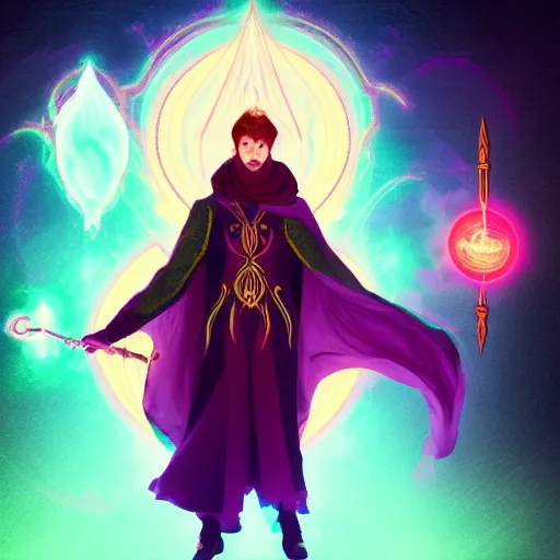 Image similar to a warlock is casting a magic spell while with magic orb floating in his hand , dynamic pose, chromatic aberration , medium level shot, Mucha style , Grim fantasy, illustration ,concept art,