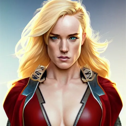 Image similar to Caity Lotz with blonde hair as Power Girl, western, D&D, fantasy, intricate, elegant, highly detailed, digital painting, artstation, concept art, matte, sharp focus, illustration, art by Artgerm and Greg Rutkowski and Alphonse Mucha