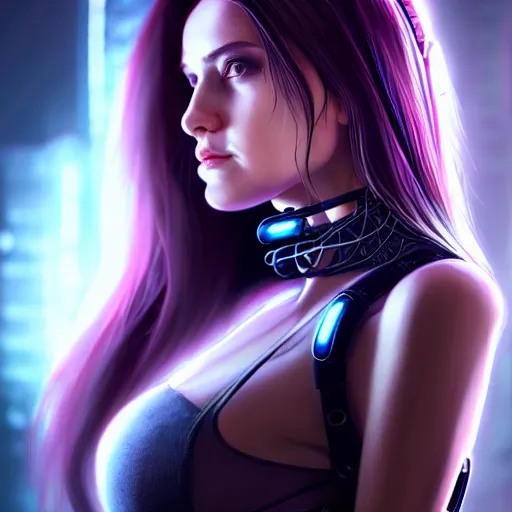 Image similar to realistic detailed portrait of Cyberpunk woman, portrait, long dark hair, Cyberpunk, Sci-Fi, science fantasy, glowing skin, full body, beautiful girl, extremely detailed, sharp focus, model