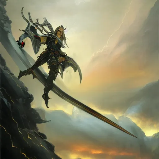 Prompt: fantasy painting of Elric wielding Stormbringer, painted by Bayard Wu, ultra detailed, 8k