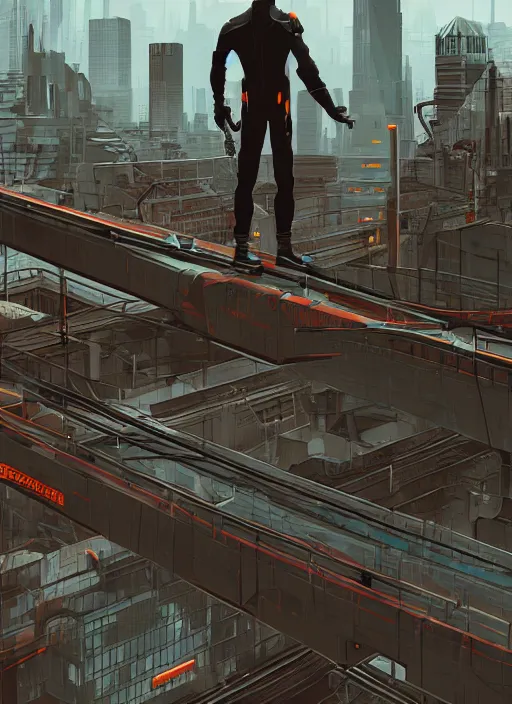 Prompt: gordon freeman standing on top of a bridge over a city, half - life 2 art by james gilleard, cgsociety, cityscape, 2 d, game art