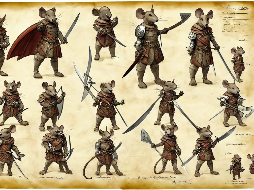 Image similar to character design sheet for a heroic mouse knight wearing a helmet with sword and shield on a parchment background, redwall, greg rutowski and jean baptiste monge, very very detailed, epic fantasy concept art