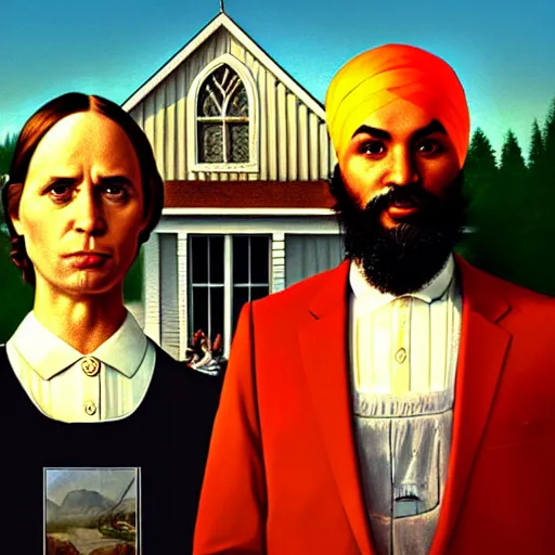 Prompt: Justin Trudeau next to Jagmeet Singh, pictured in the american gothic painting, concept art, sharp focus, highly detailed digital painting by Grant Wood, artstation