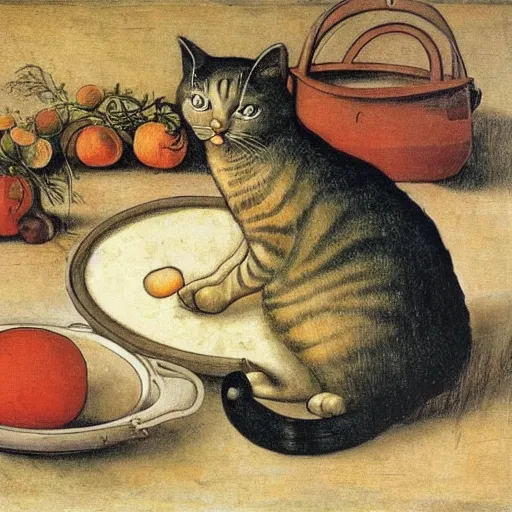 Image similar to the cat cooks soup, stirring a pot with a ladle and cutting vegetables, oil painting, drawn by Leonardo Da Vinci