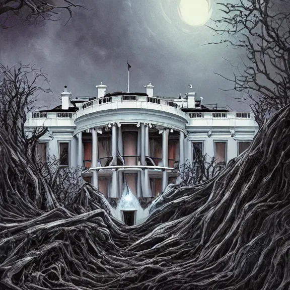 Image similar to the white house, apocalyptic, gerald brom, hyper detailed, 8 k, fantasy, dark, grim