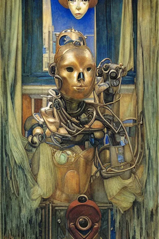 Image similar to the queen in her robot mask stands by the window, by Annie Swynnerton and Diego Rivera and Elihu Vedder, symbolist, dramatic lighting, night time, elaborate geometric ornament, Art Brut, soft blues and greens,smooth, sharp focus, extremely detailed, Adolf Wölfli and (Evelyn De Morgan)