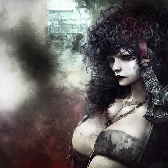 Image similar to christina hendricks goth, tankoban, 4 k, tone mapping, akihiko yoshida, james jean andrei riabovitchev marc simonetti, yoshitaka amano, long hair, curly, h. hydrochaeri