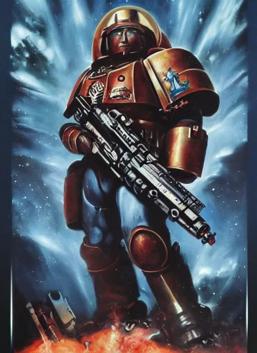 Prompt: a movie poster with a space marine holding a big gun, poster art by drew struzan, cgsociety, retrofuturism, reimagined by industrial light and magic, poster art, movie poster, dramatic atmosphere