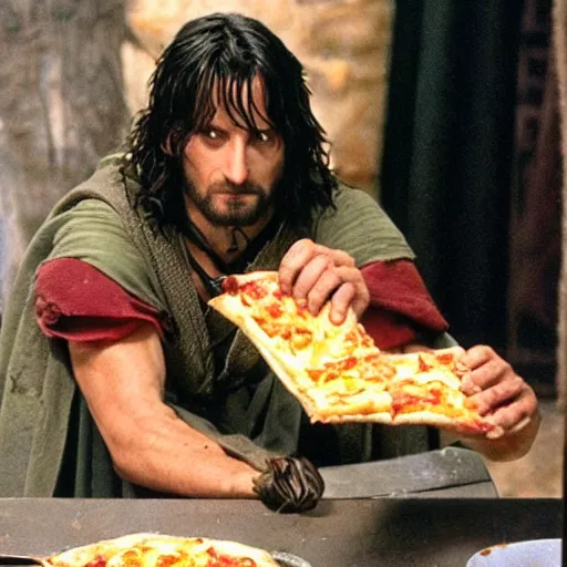 Image similar to aragorn eating pizza