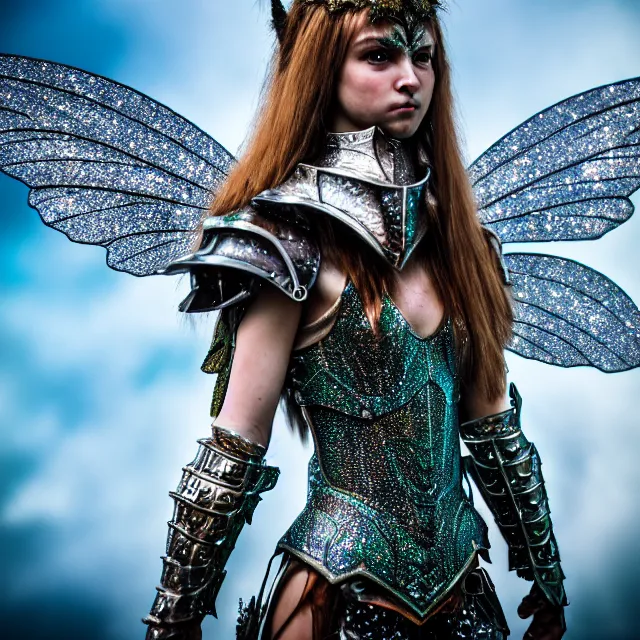 Image similar to full body photo of a fairy warrior wearing sparkly armour, highly detailed, 4 k, hdr, smooth, sharp focus, high resolution, award - winning photo